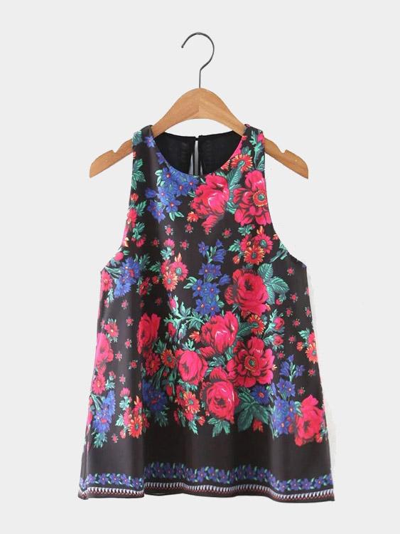 Sleeveless Round Neck Floral Print Camis