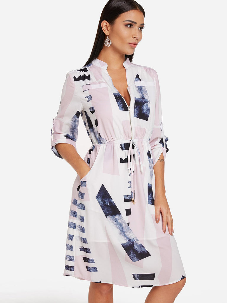 White V-Neck Long Sleeve Printed Zip Back Lace-Up Dresses