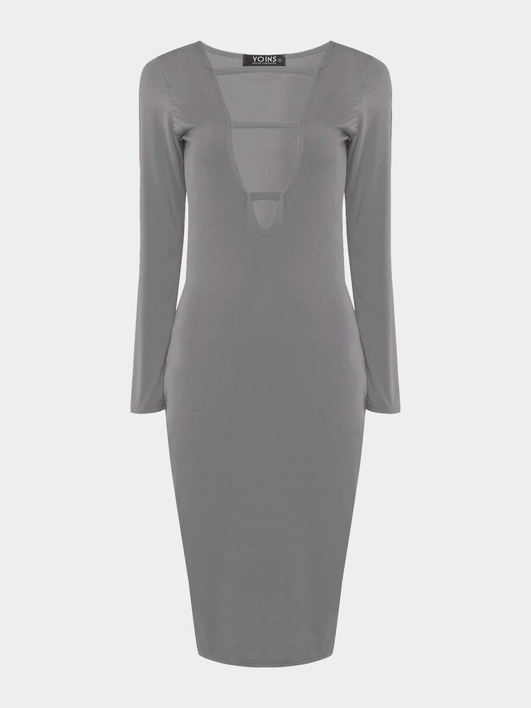 V-Neck Plain Hollow Long Sleeve Grey Sexy Dresses