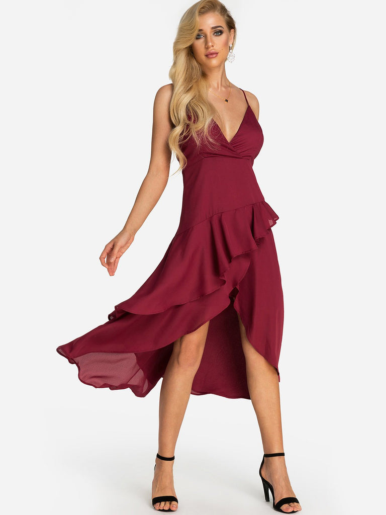 Red V-Neck Sleeveless Backless Spaghetti Strap Wrap Irregular Hem Dresses