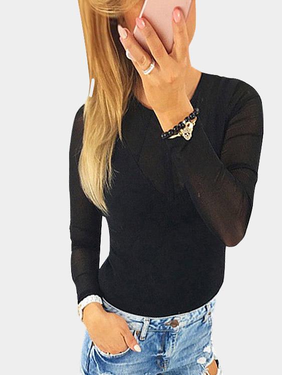 Round Neck Knitted Mesh Stitching Long Sleeve Black Top