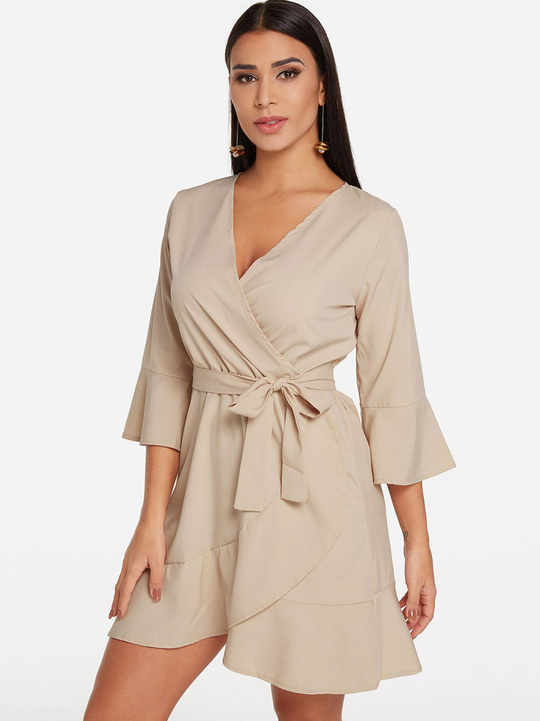 Apricot Deep V Neck 3/4 Sleeve Length Plain Crossed Front Self-Tie Flounced Hem Dresses