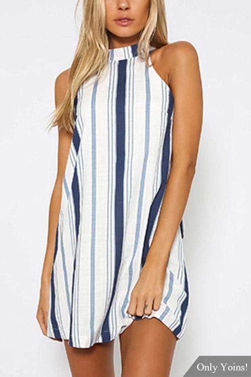 Sleeveless Stripe Backless Mini Dresses