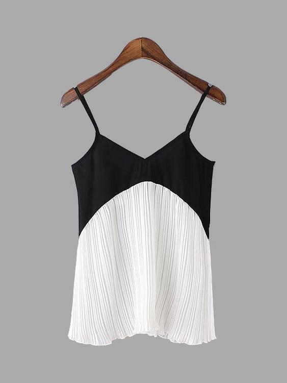 Sleeveless V-Neck Contrast Pleated Cami