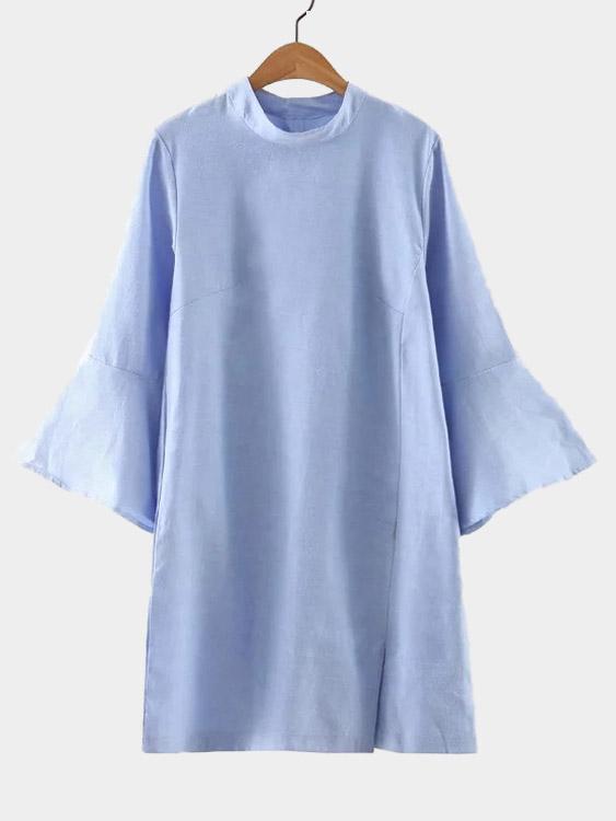 Blue Crew Neck 3/4 Sleeve Length Slit Hem Casual Dresses