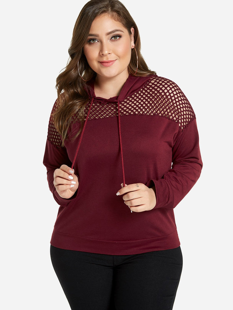 Plain Hooded Hollow Long Sleeve Burgundy Plus Size Tops