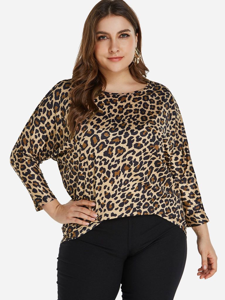 Round Neck Leopard Long Sleeve Oversized Tops