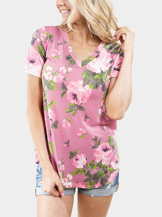 V-Neck Floral Print Short Sleeve Pink T-Shirts