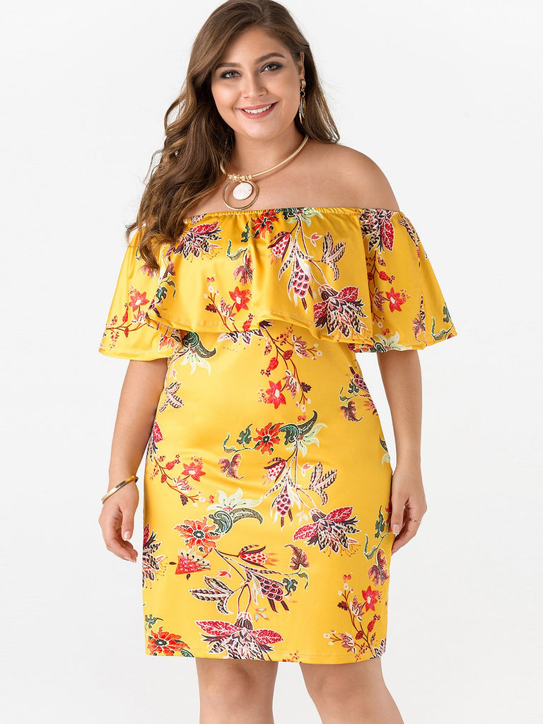 Off The Shoulder Floral Print Tiered Half Sleeve Yellow Plus Size Dress