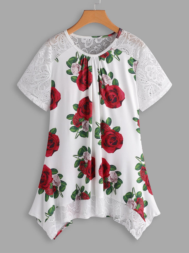 Round Neck Floral Print Lace Short Sleeve Handkerchief Hem White Plus Size Tops