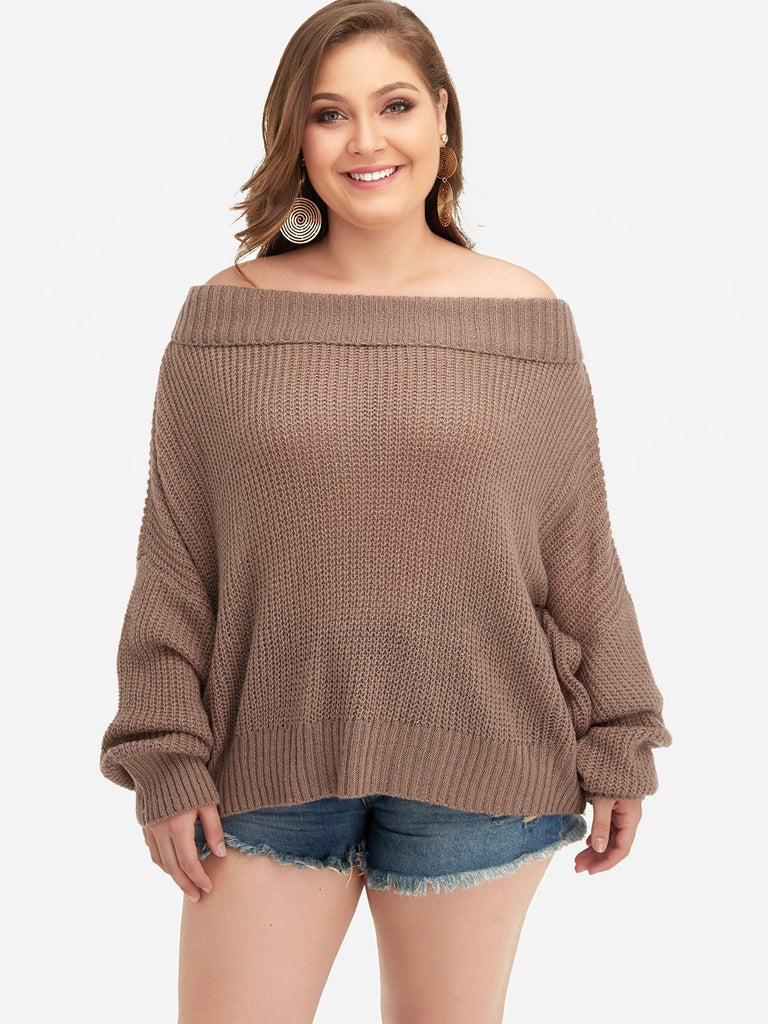 Off The Shoulder Plain Long Sleeve Plus Size Tops