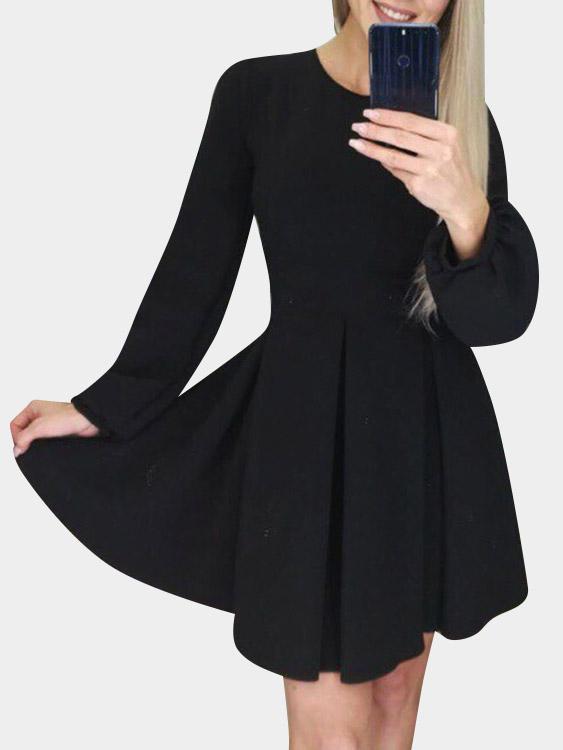 Black Round Neck Long Sleeve Plain High Waist Sexy Dresses