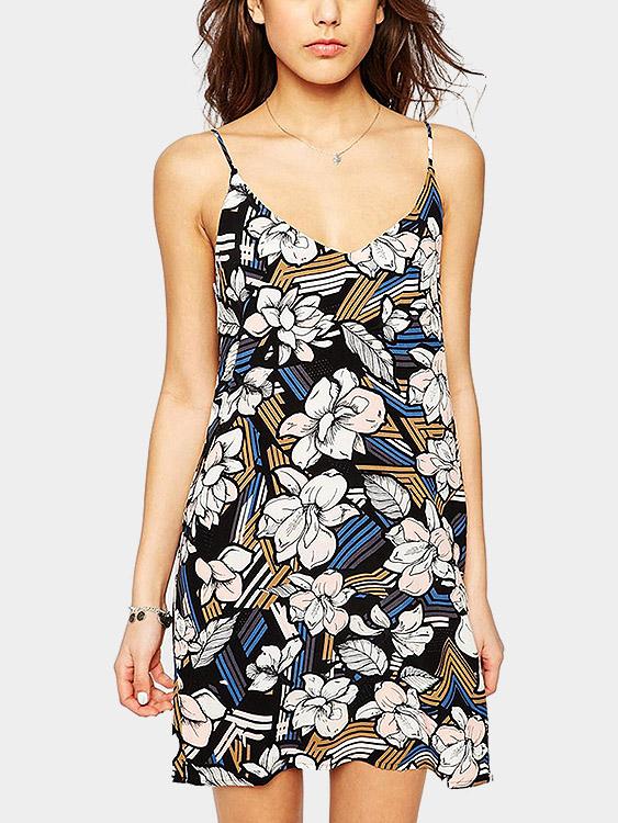 V-Neck Sleeveless Floral Print Dresses