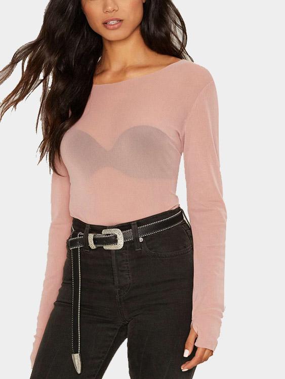Round Neck Sheer Long Sleeve Pink T-Shirts