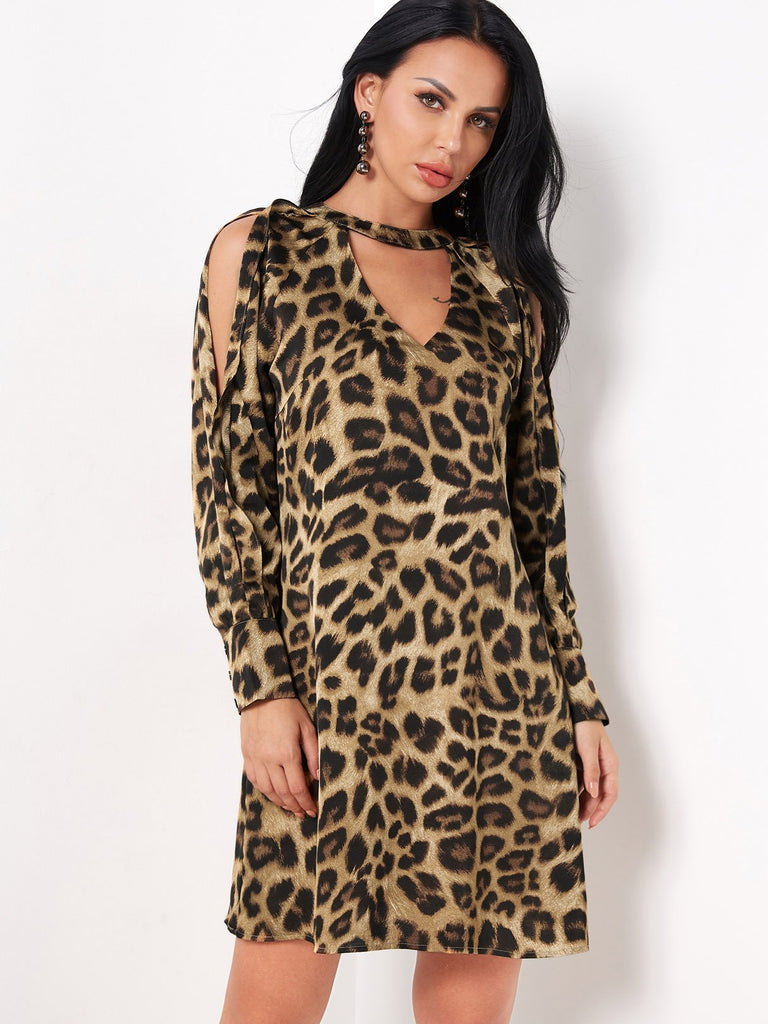 V-Neck Cold Shoulder Long Sleeve Leopard Cut Out Dresses