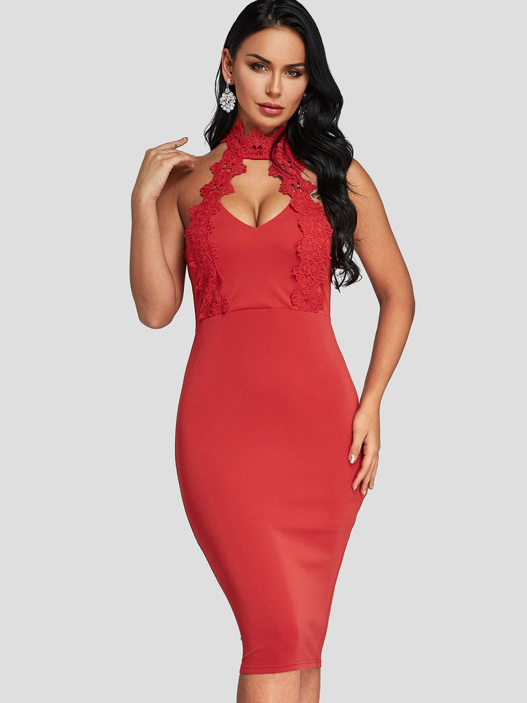 Red Halter Sleeveless Plain Lace Cut Out Dresses