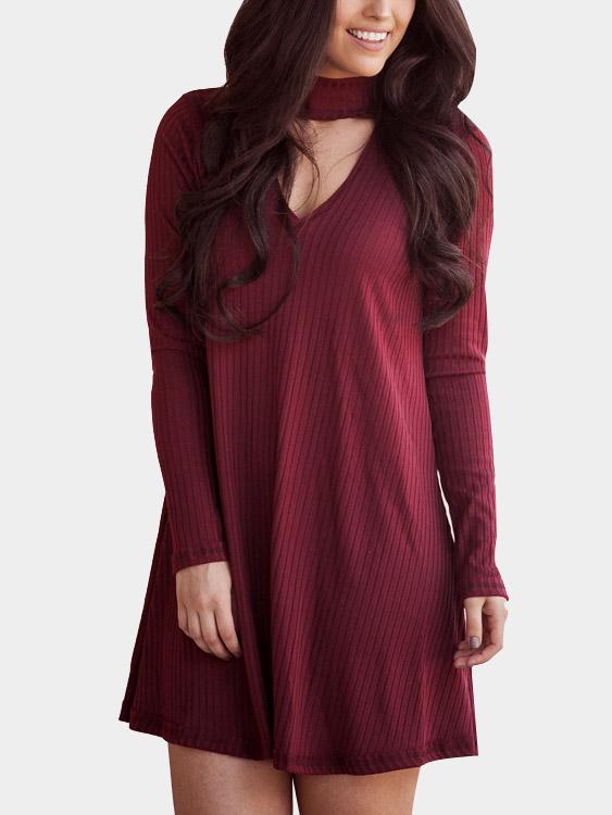 Burgundy V-Neck Long Sleeve Plain Mini Dress