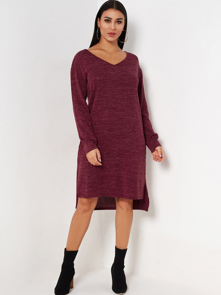 Red V-Neck Long Sleeve Slit Hem Dresses