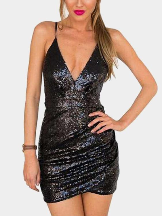 Black V-Neck Sleeveless Zip Back Lace-Up Sequins Embellished Irregular Hem Dresses