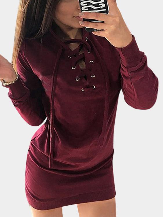 Burgundy Long Sleeve Plain Casual Dresses