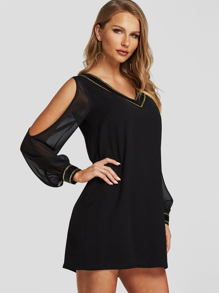 Black Cold Shoulder Long Sleeve Plain Dresses