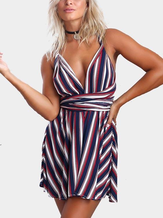 Sleeveless Stripe Backless Mini Dress