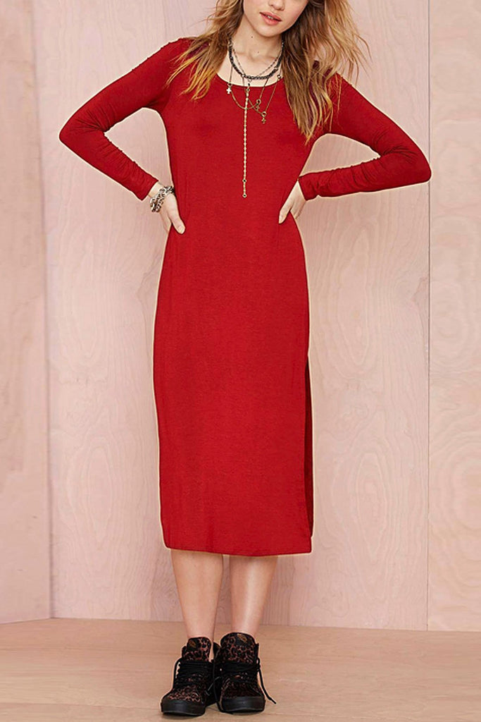 Red Scoop Neck Long Sleeve Casual Dress