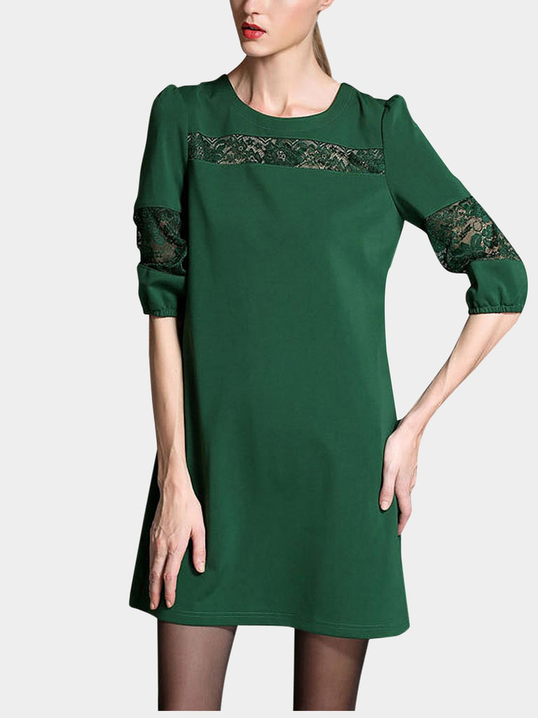 Round Neck Lace Zip Back 3/4 Sleeve Green Plus Size Dresses