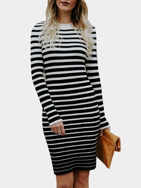 White Long Sleeve Stripe Bodycon Hem Midi Dress