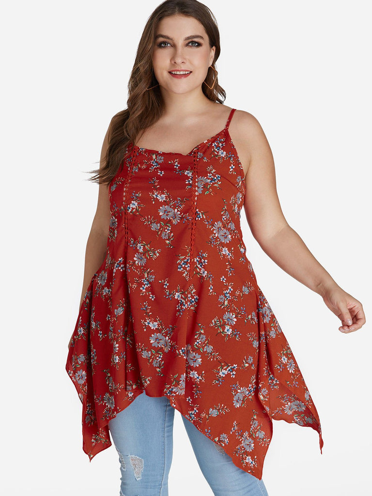 Round Neck Floral Print Calico Hollow Sleeveless Red Plus Size Tops