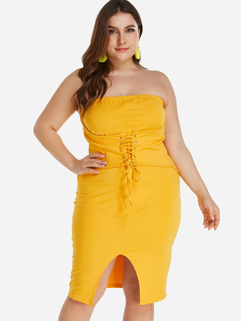 Strapless Plain Self-Tie Sleeveless Yellow Plus Size Dress