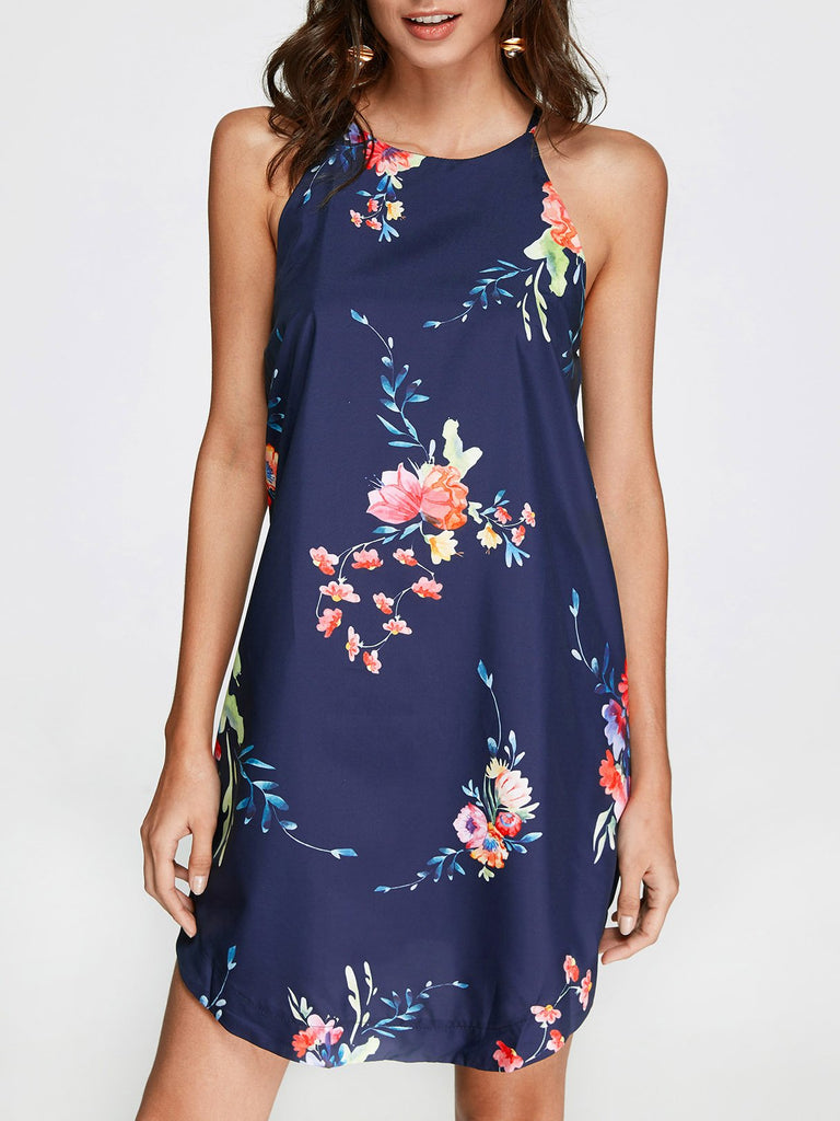 Sleeveless Round Neck Floral Print Curved Hem Navy Dresses