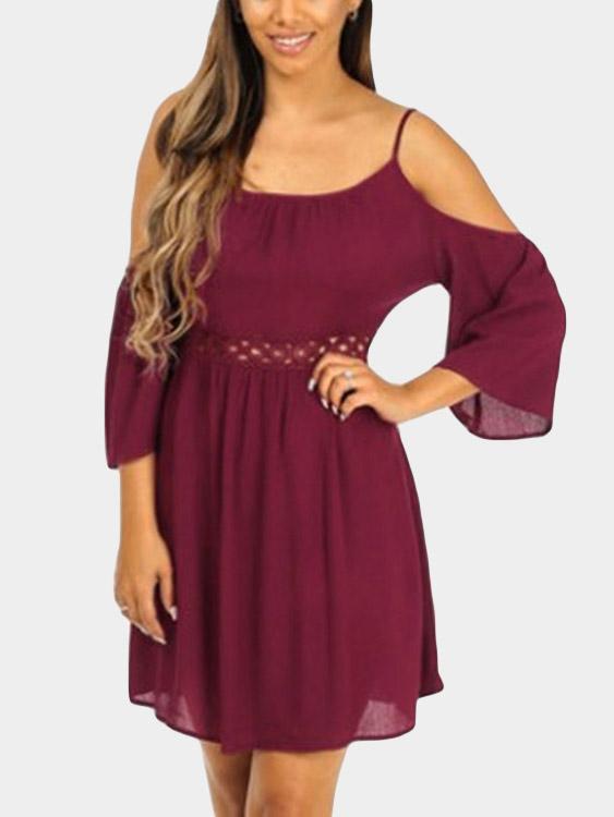 Burgundy Cold Shoulder 3/4 Length Sleeve Plain Backless Hollow Spaghetti Strap Mini Dress