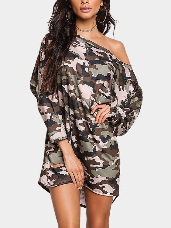 Camo One Shoulder Long Sleeve Camouflage Random Ripped Cut Out Mini Dress