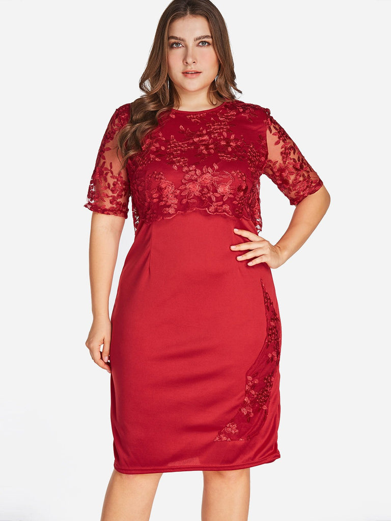 Lace Half Sleeve Bodycon Red Plus Size Dress