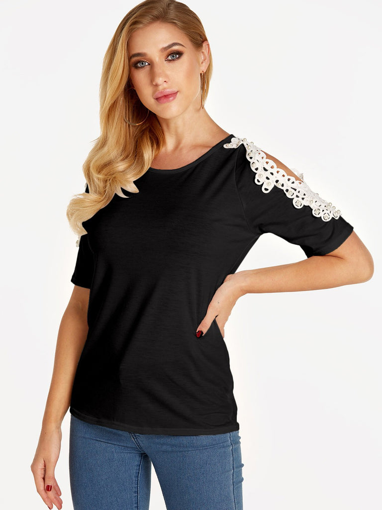Cold Shoulder Plain Lace Short Sleeve Black T-Shirts