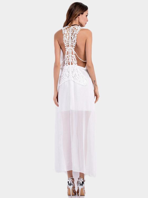 White Scoop Neck Sleeveless Lace Backless See Through Slit Hem Sexy Dresses