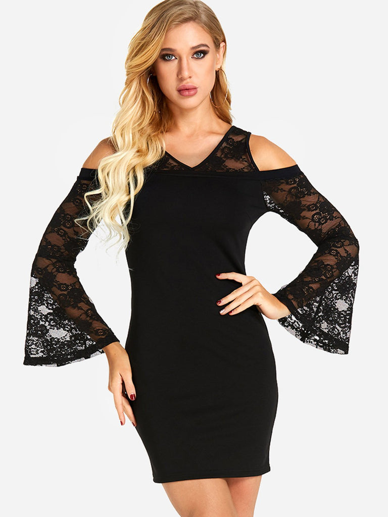 Black V-Neck Cold Shoulder Lace Sexy Dress