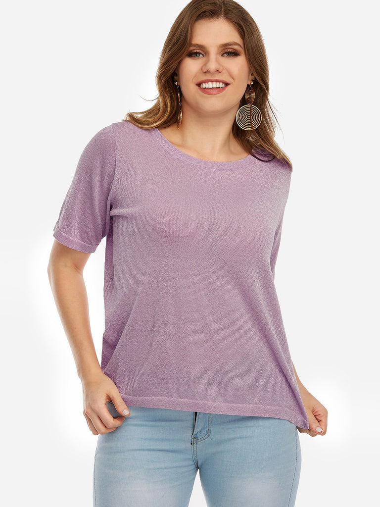 Round Neck Plain Short Sleeve Plus Size Tops