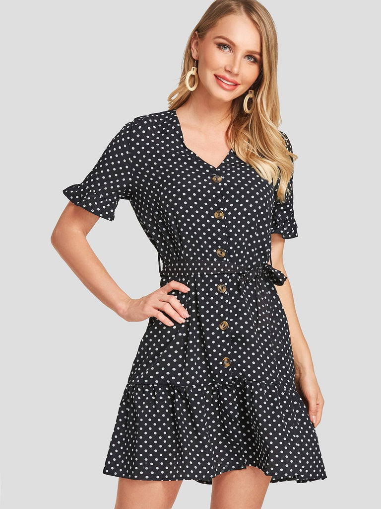 V-Neck Short Sleeve Polka Dot Self-Tie Flounced Hem Chiffon Dress