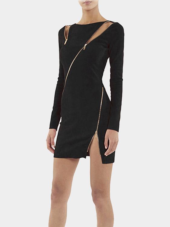 Black Round Neck Long Sleeve Zip Back Slit Hem Mini Dress