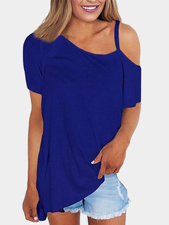 One Shoulder Short Sleeve Blue T-Shirts