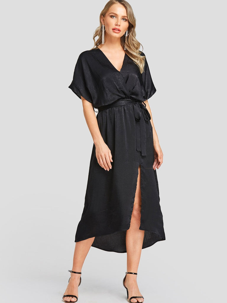 Black V-Neck Short Sleeve Plain Self-Tie Wrap Slit Hem Casual Dress