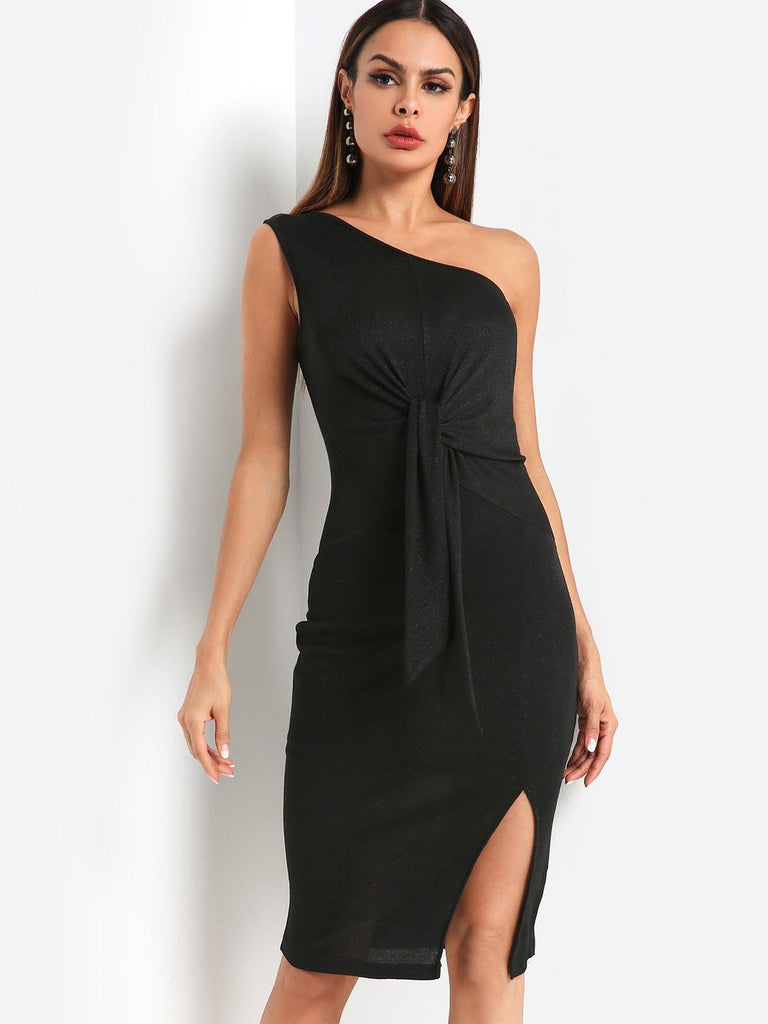 Black One Shoulder Sleeveless Self-Tie Slit Hem Sexy Dresses