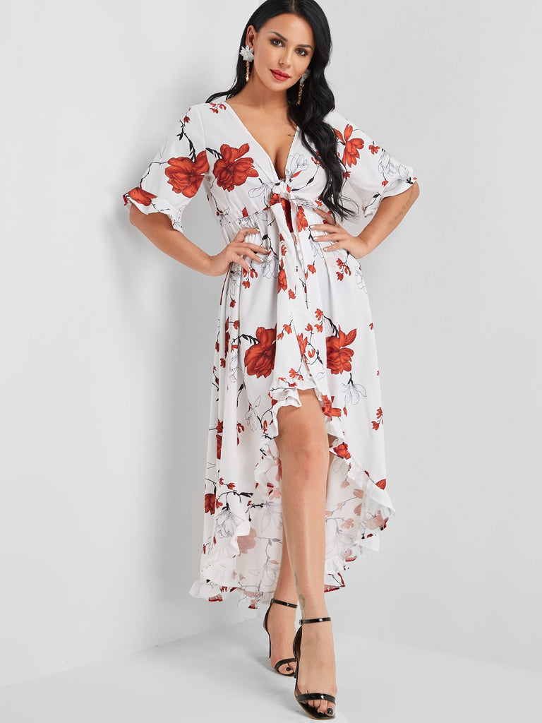 White Deep V Neck Short Sleeve Floral Print Ruffle Hem Dresses