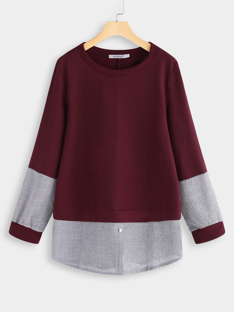 Round Neck Stripe Long Sleeve Burgundy Plus Size Tops