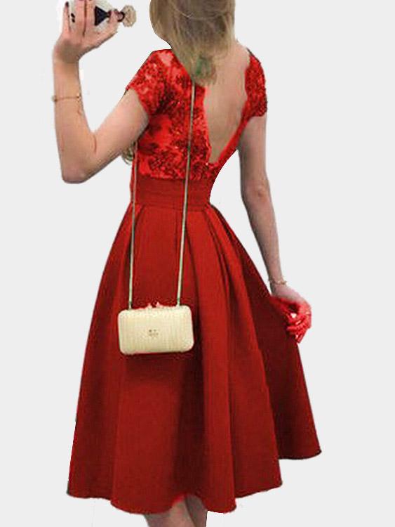 Red Crew Neck Short Sleeve Lace Backless Dress