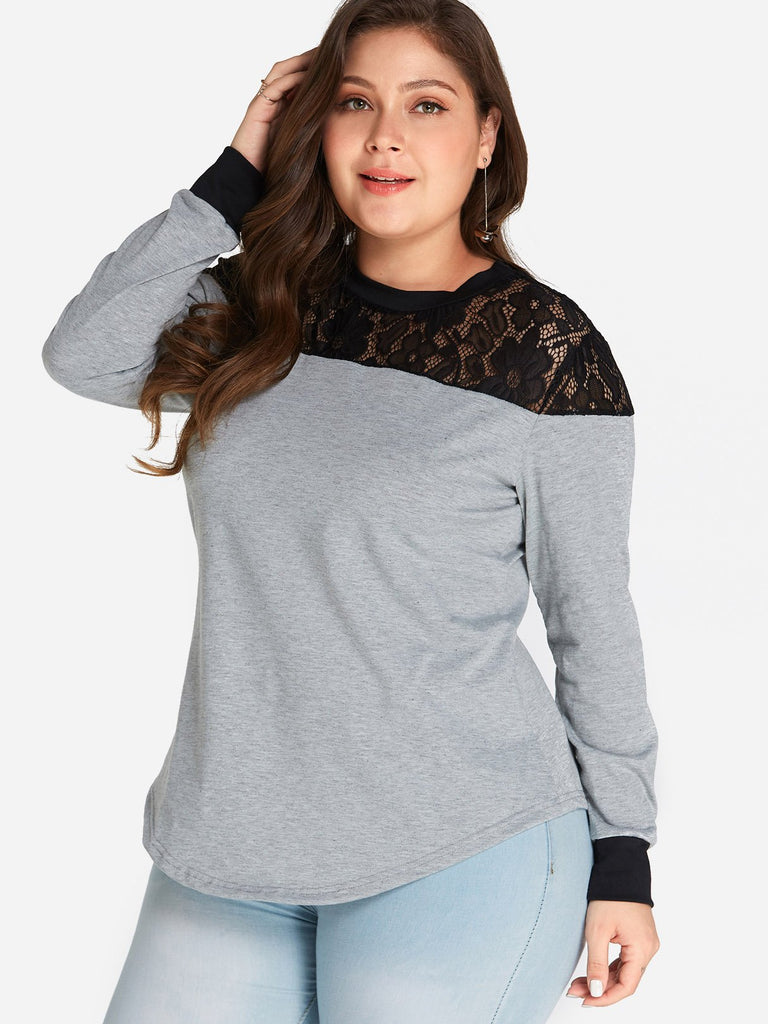 Round Neck Plain Lace Insert Long Sleeve Curved Hem Grey Plus Size Tops