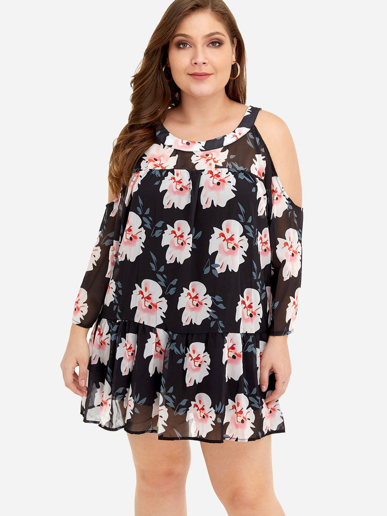 Halter Floral Print Pleated Long Sleeve Ruffle Hem Black Plus Size Dresses