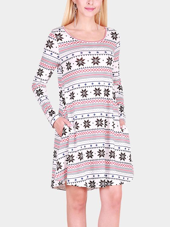 Geometrical Round Neck Long Sleeve Casual Dresses